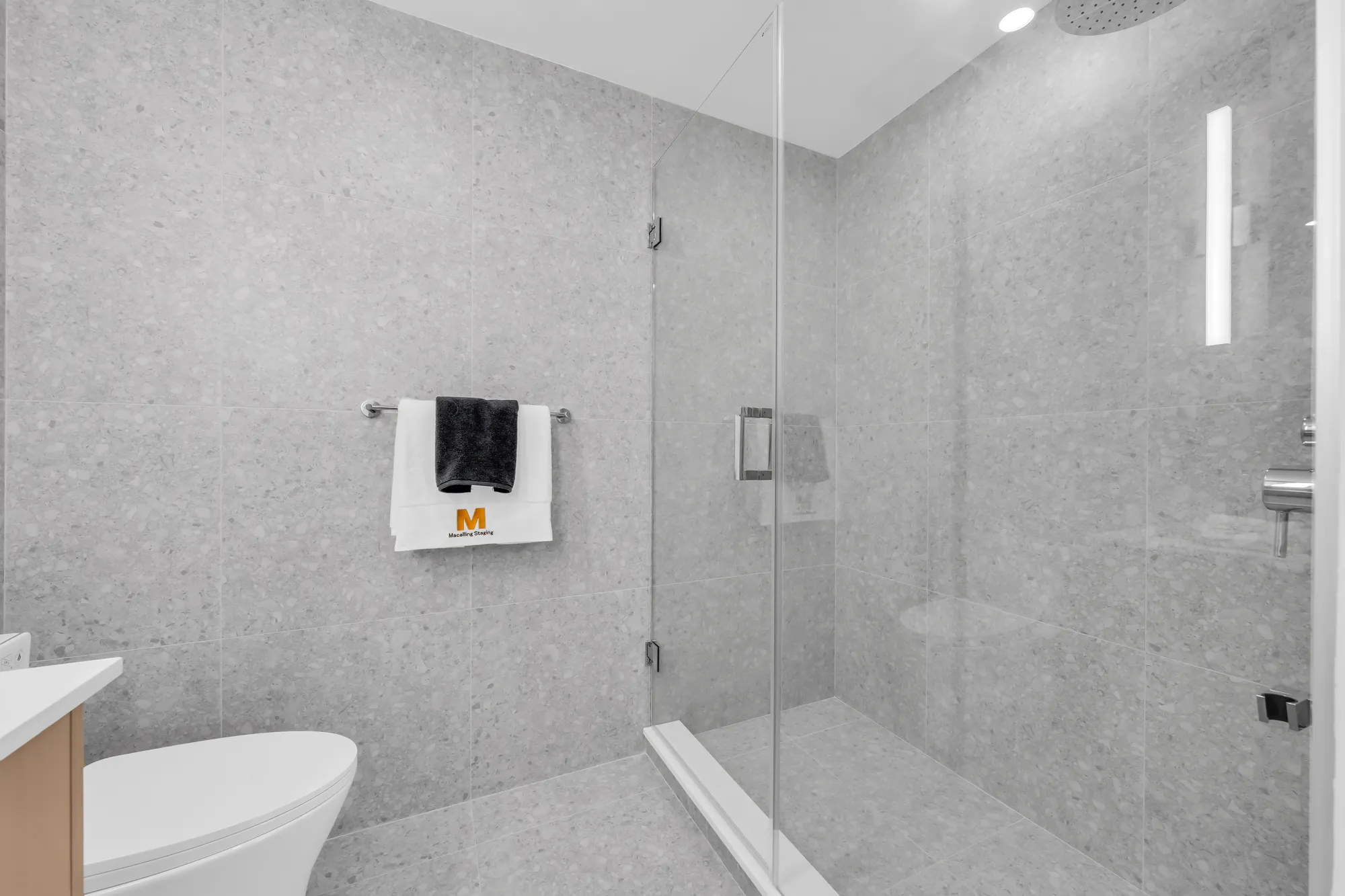The glass shower in the primary bathroom, grey terrazzo-look tile, a toilet