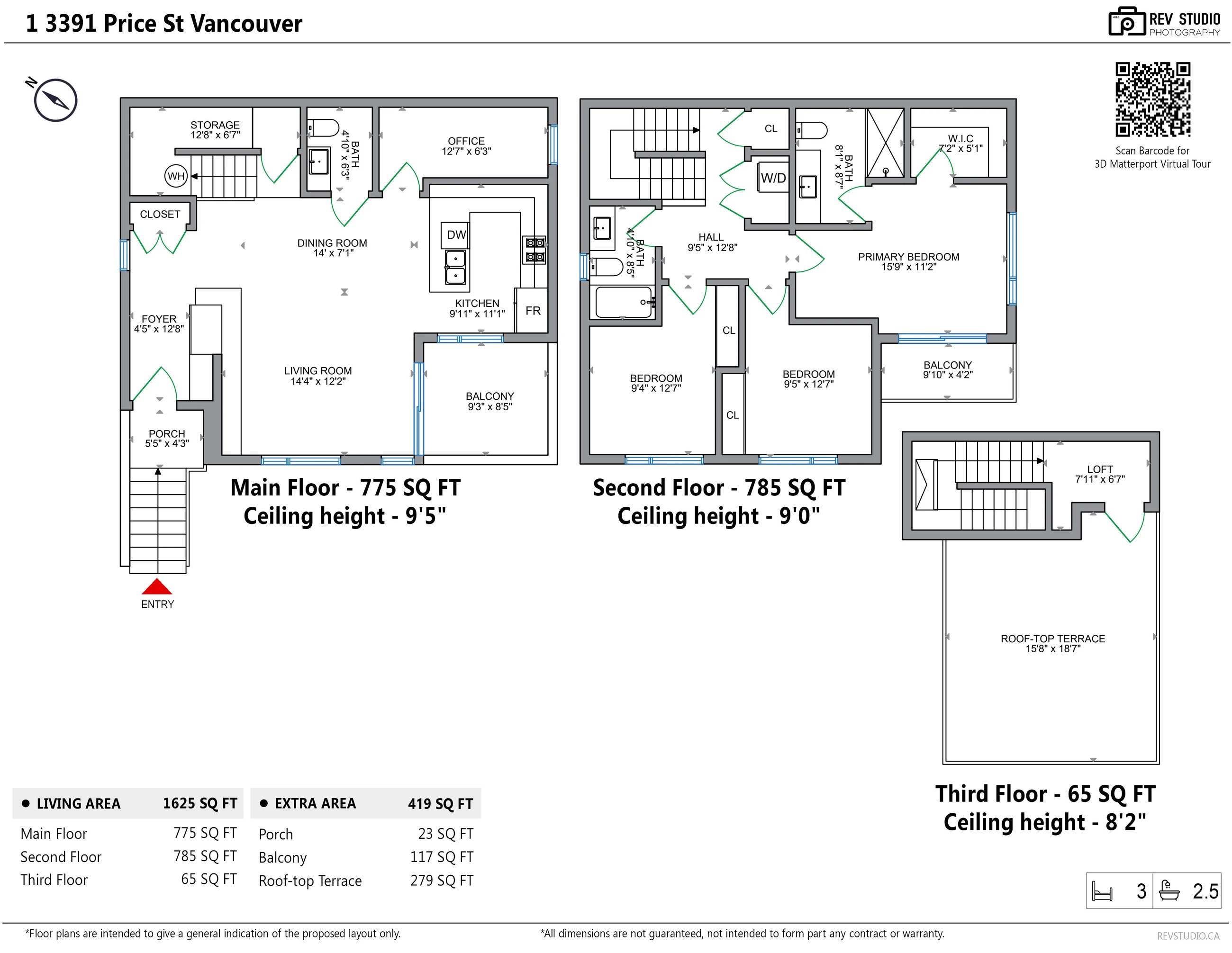 Floor plan of 1-3391 Price Street: the main floor with the foyer, the living room and its balcony, the dining room, the kitchen, an office, a powder room and a storage room; the second floor with the primary bedroom, its walk-in closet, bathroom and balcony, two bedrooms, a bathroom, the hall and a laundry closet; the loft and the roof terrace