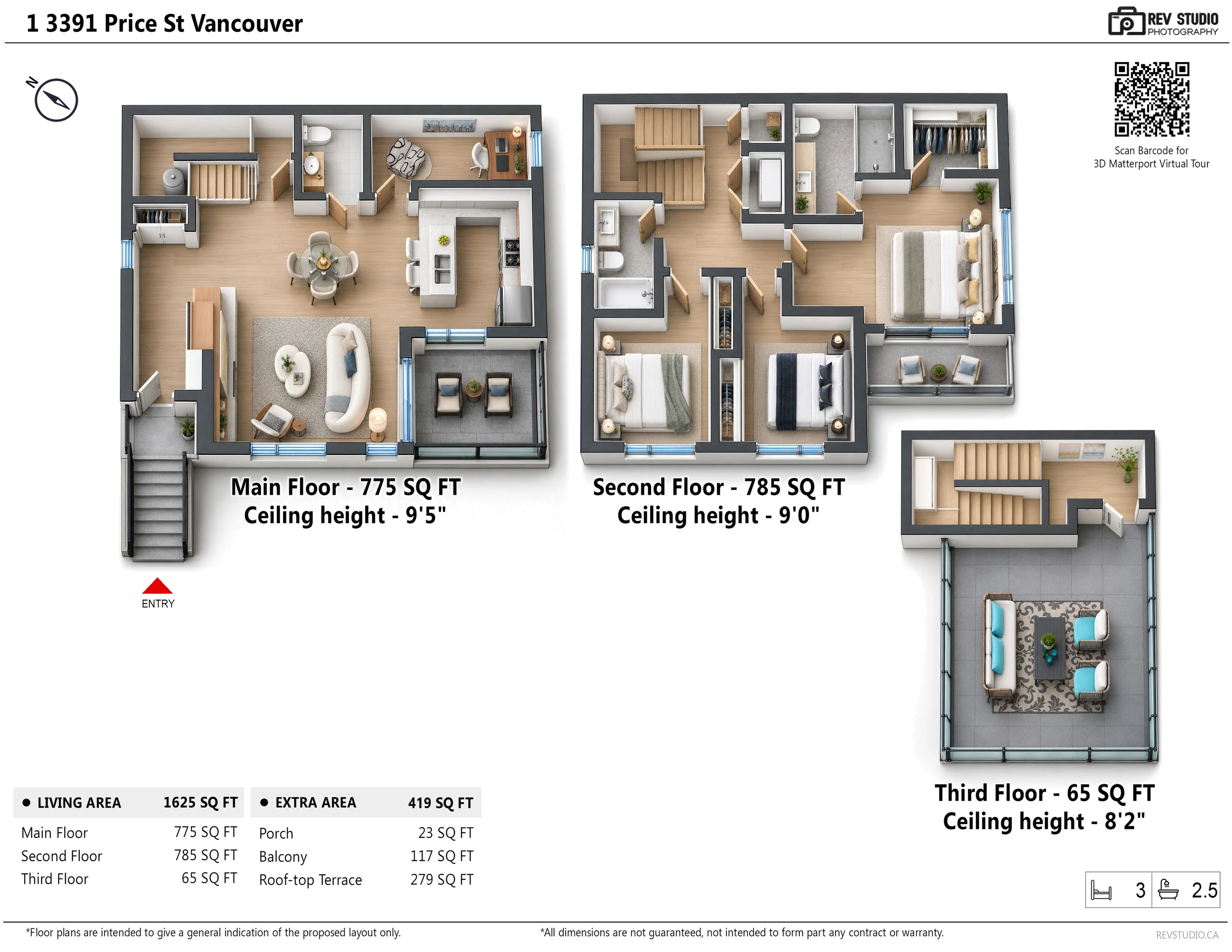 The floor plan drawn in 3D from above, the three floors side by side as on the drawing above, with furniture drawn in