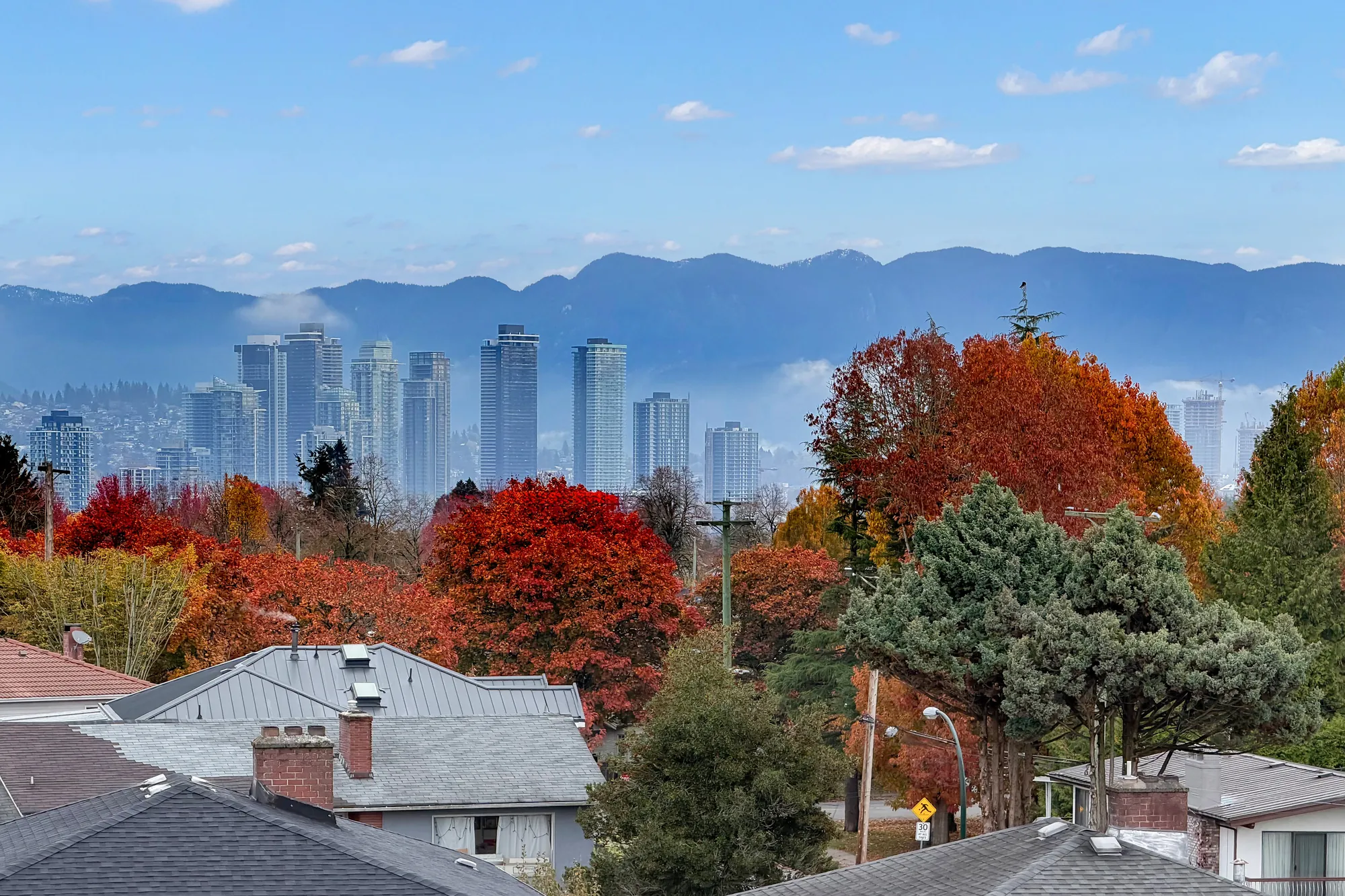 From the roof: towers in the distance with mountains behind them, autumn trees and rooftops in front
